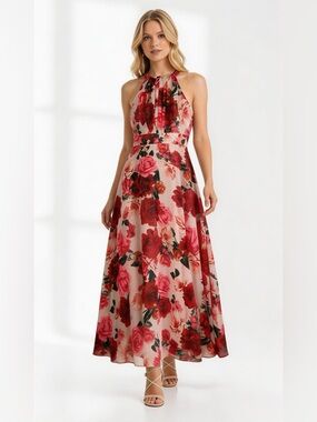 Eliza J Floral Halter Maxi Dress in Pink and Red Rose Print